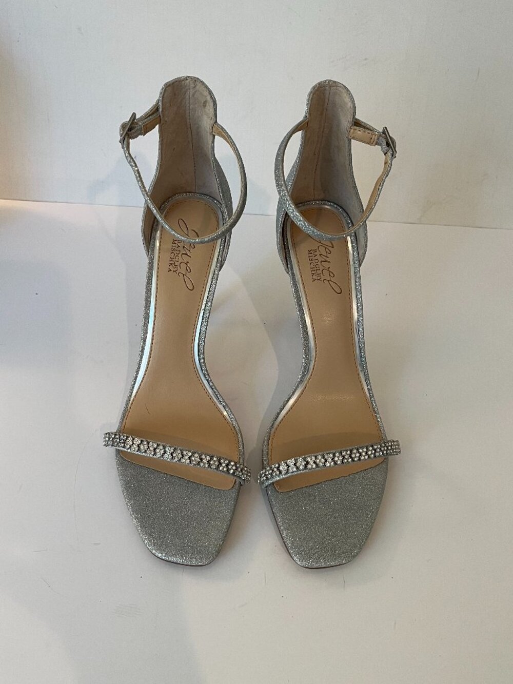 Badgley Mischka Jewel Strappy Heels Silver Rhinestone Bridal Wedding Formal 8.5